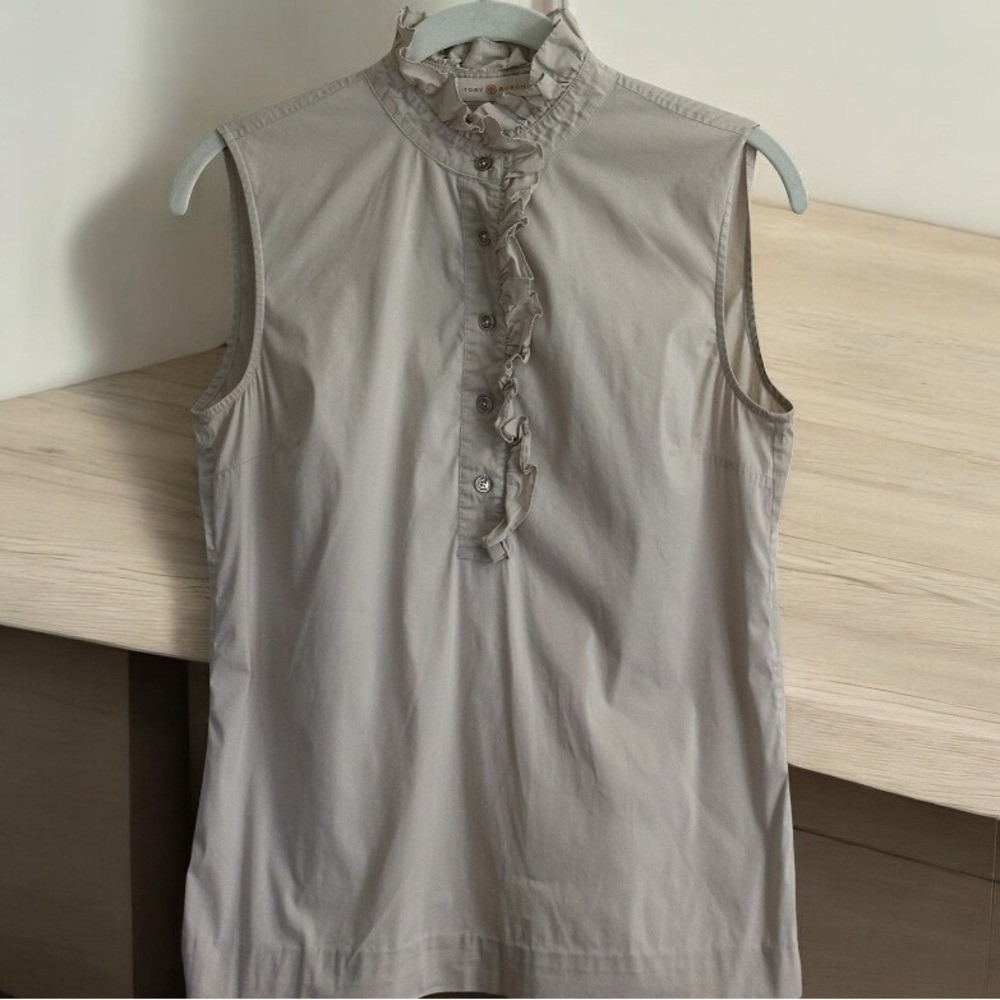 Tory Burch Sleeveless Ruffle Blouse Tan 2 Womens High Neck Cotton Blend